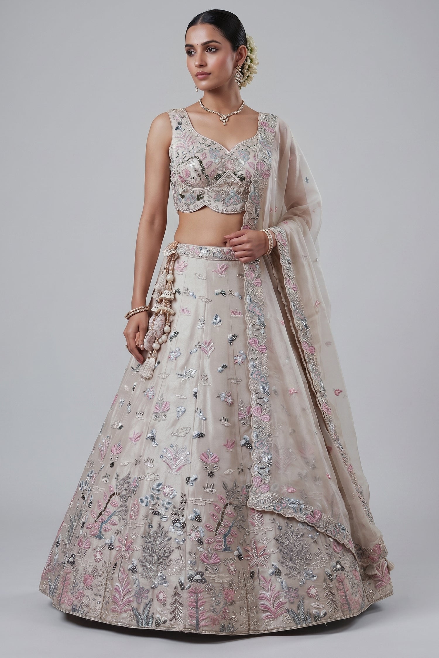 Soft Grey Lehenga Choli with Woodland Floral Embroidery Main image
