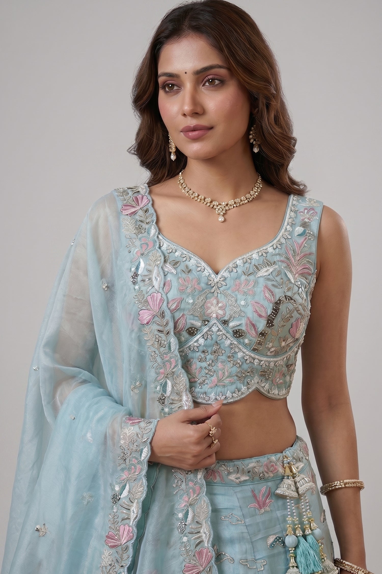 Sky Blue Lehenga Choli with Woodland Floral Embroidery Secondary image