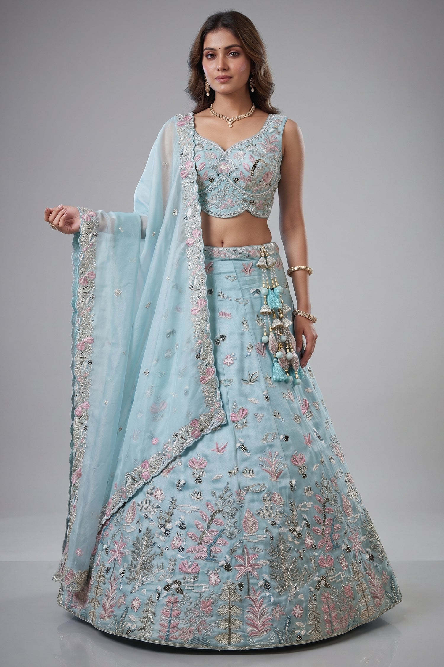Sky Blue Lehenga Choli with Woodland Floral Embroidery Main image