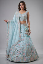 Sky Blue Lehenga Choli with Woodland Floral Embroidery
