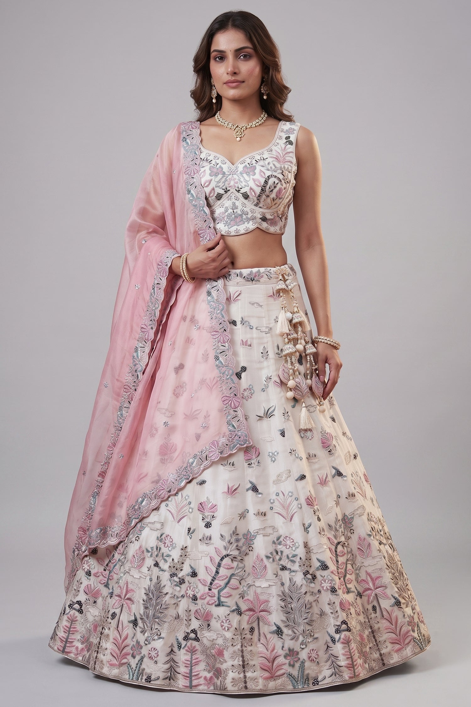 Off White Lehenga Choli with Woodland Floral Embroidery Main image