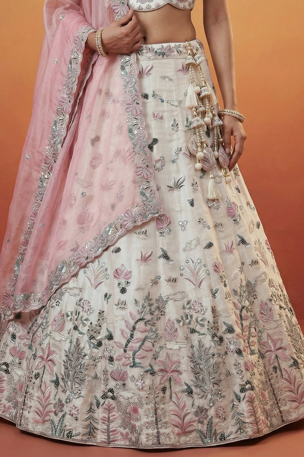 Off White Lehenga Choli with Woodland Floral Embroidery