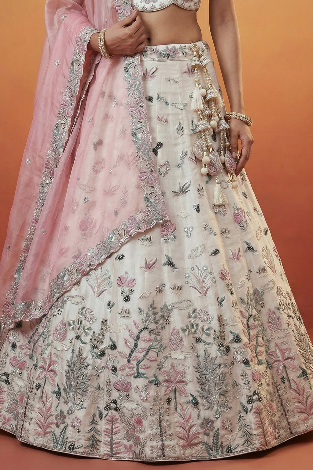 Off White Lehenga Choli with Woodland Floral Embroidery