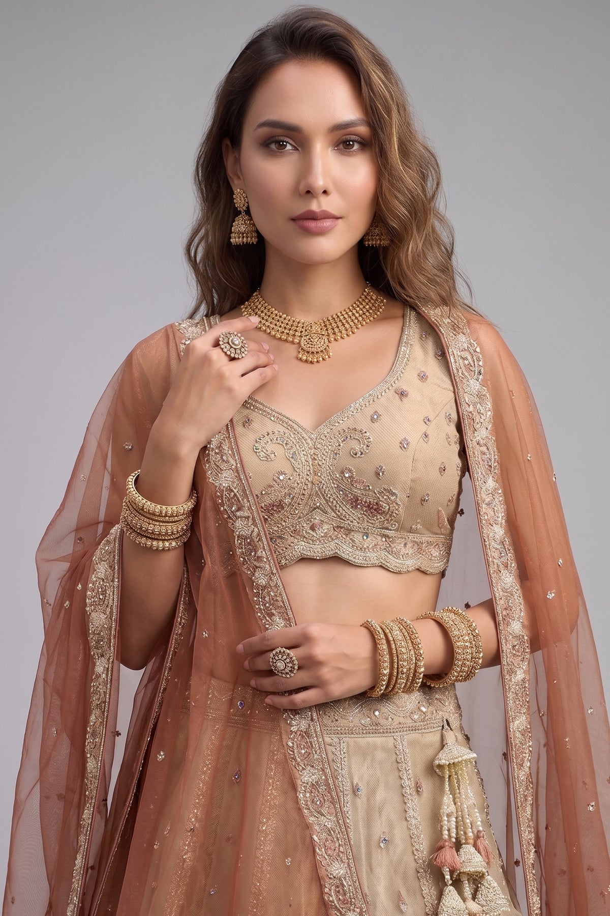 Cream Gold Tissue Embroidered Scalloped Lehenga Choli