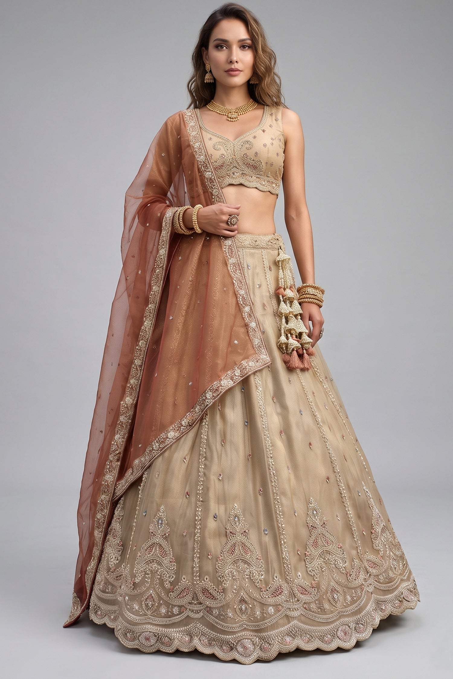 Cream Gold Tissue Embroidered Scalloped Lehenga Choli Main image
