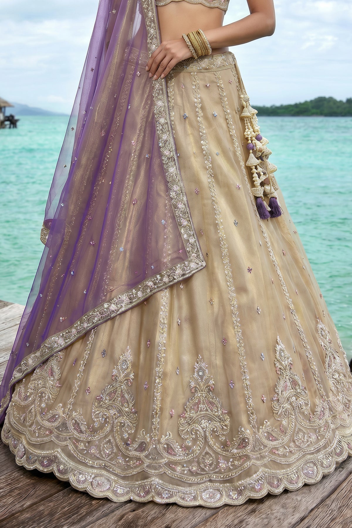 Cream Gold Tissue Embroidered Scalloped Lehenga Choli