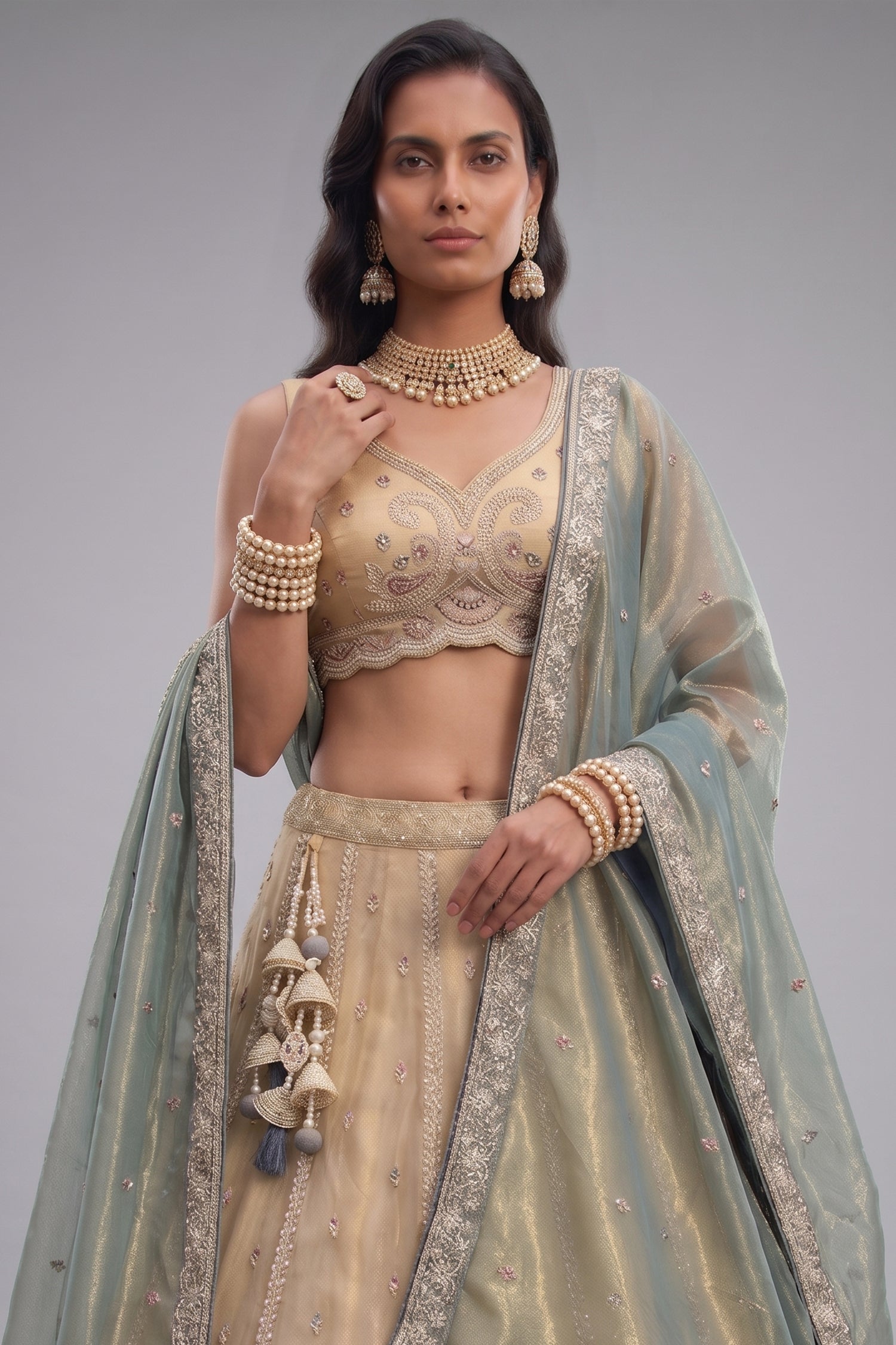 Cream Gold Tissue Embroidered Scalloped Lehenga Choli Secondary image