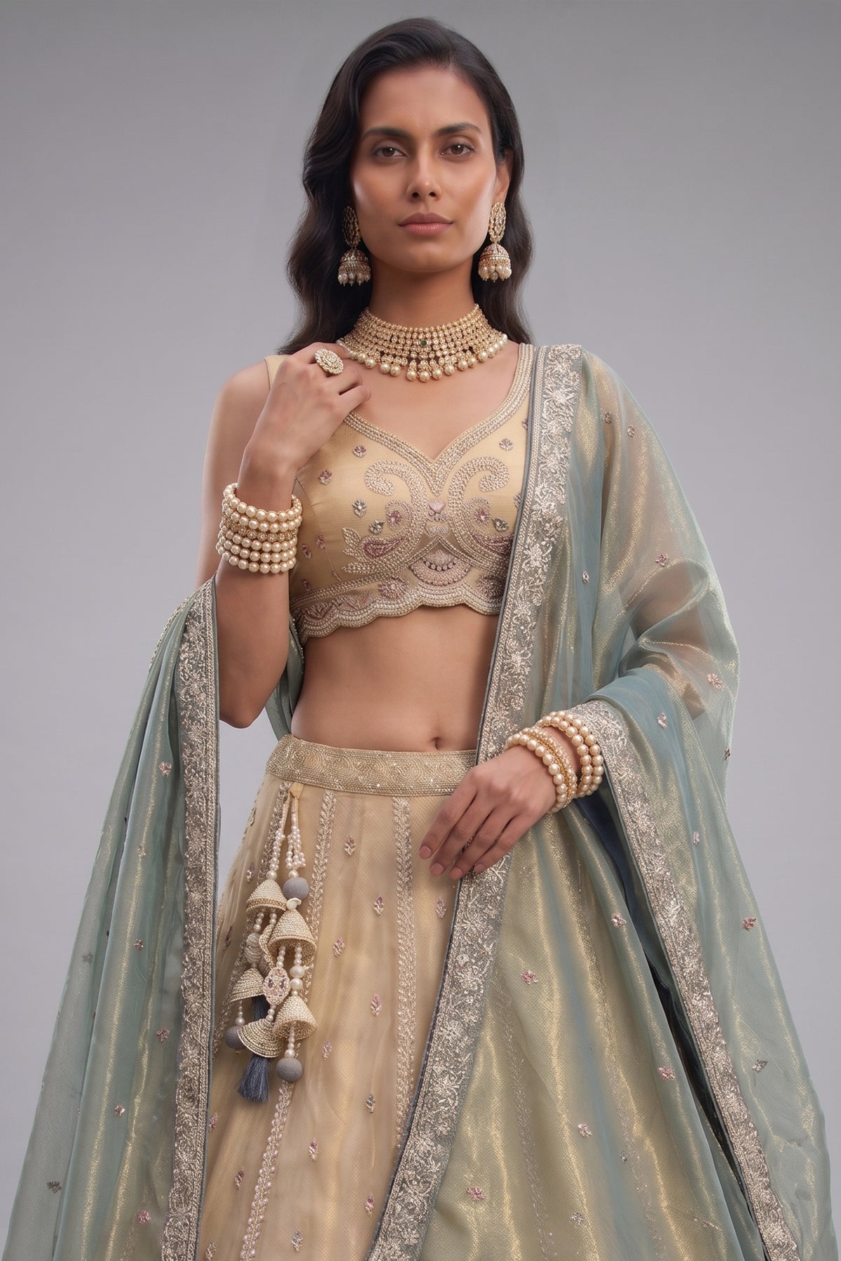 Cream Gold Tissue Embroidered Scalloped Lehenga Choli