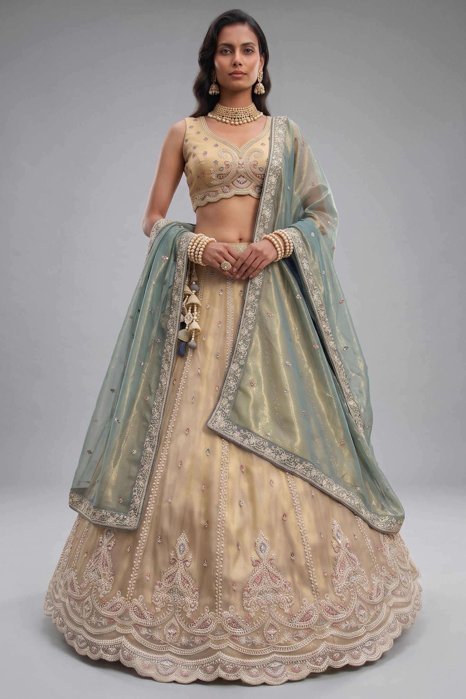 Cream Gold Tissue Embroidered Scalloped Lehenga Choli Main image