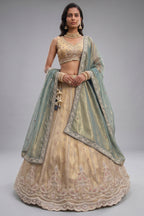 Cream Gold Tissue Embroidered Scalloped Lehenga Choli