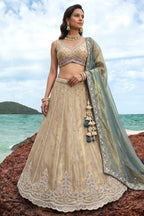 Cream Gold Tissue Embroidered Scalloped Lehenga Choli