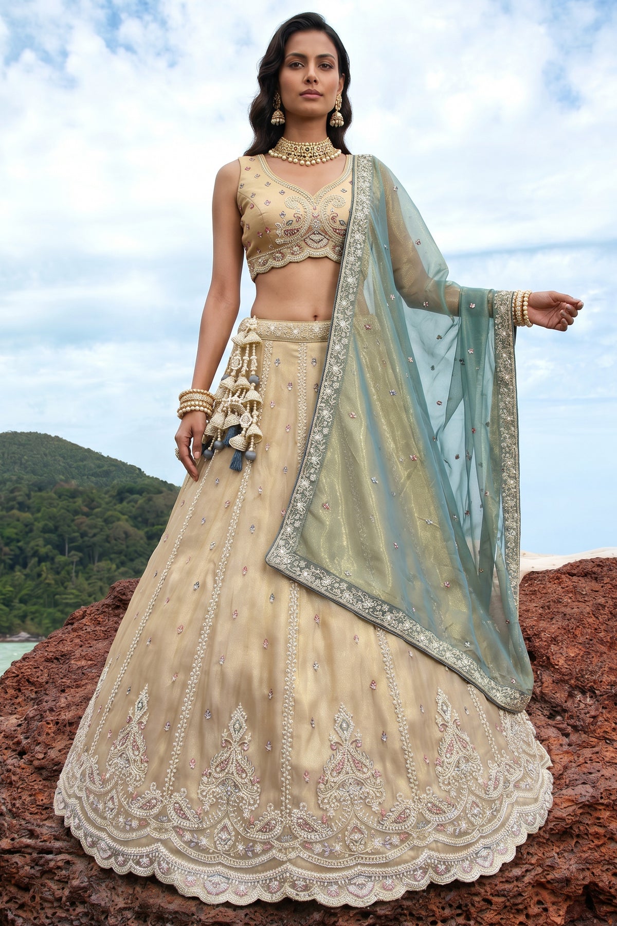 Cream Gold Tissue Embroidered Scalloped Lehenga Choli