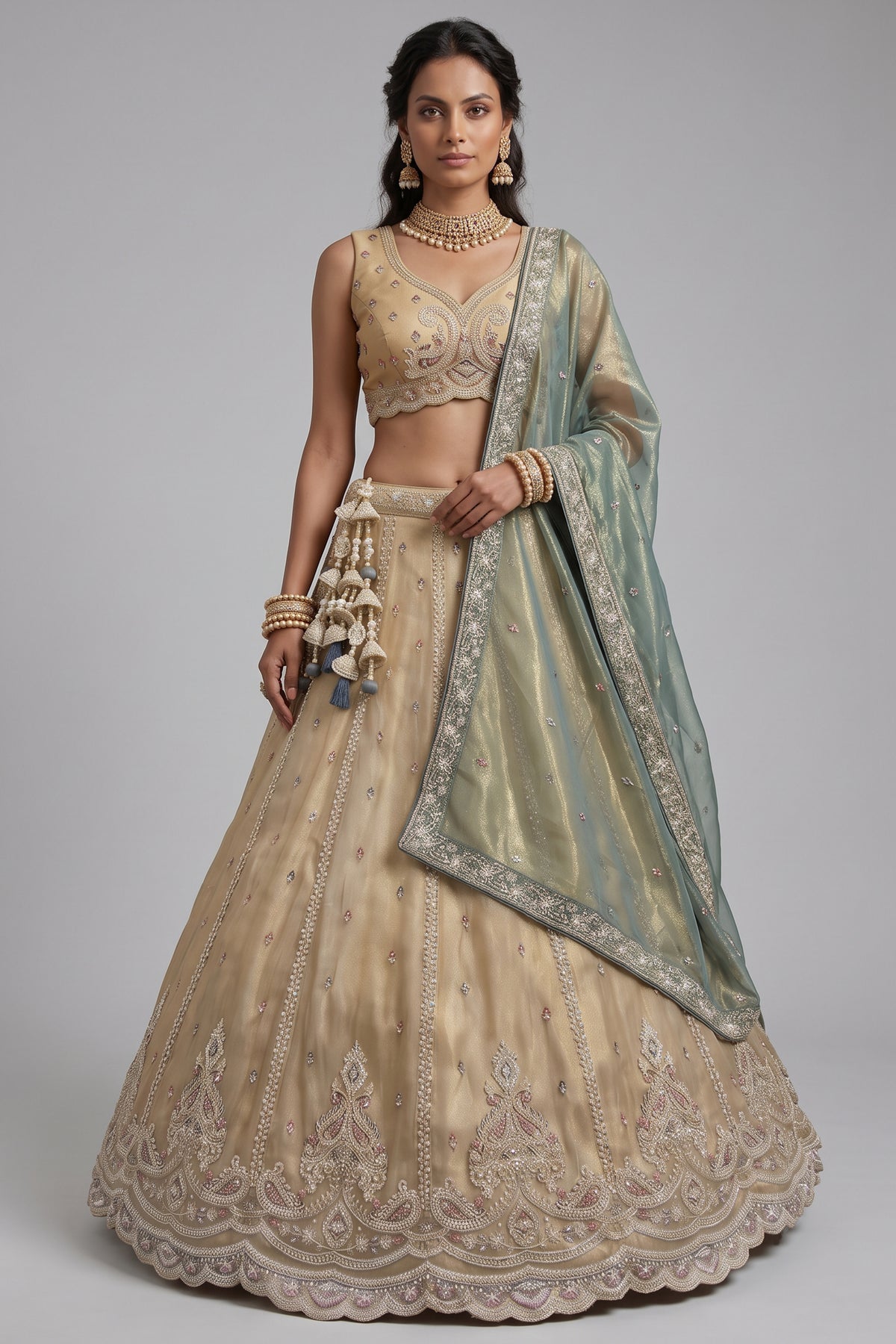 Cream Gold Tissue Embroidered Scalloped Lehenga Choli