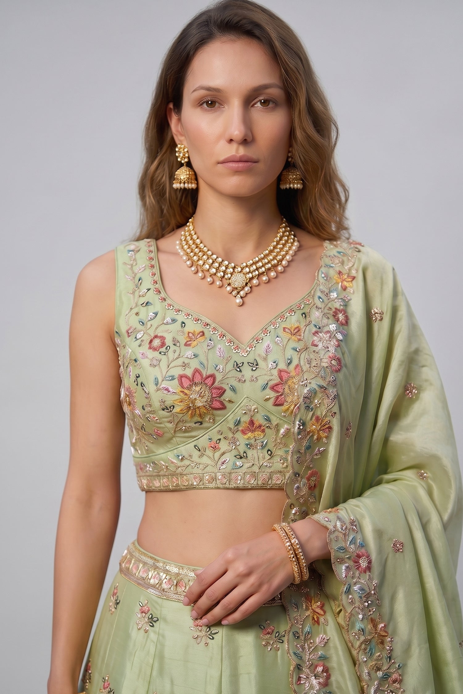 Pista Green Lehenga Choli with Peacock Floral Border Secondary image