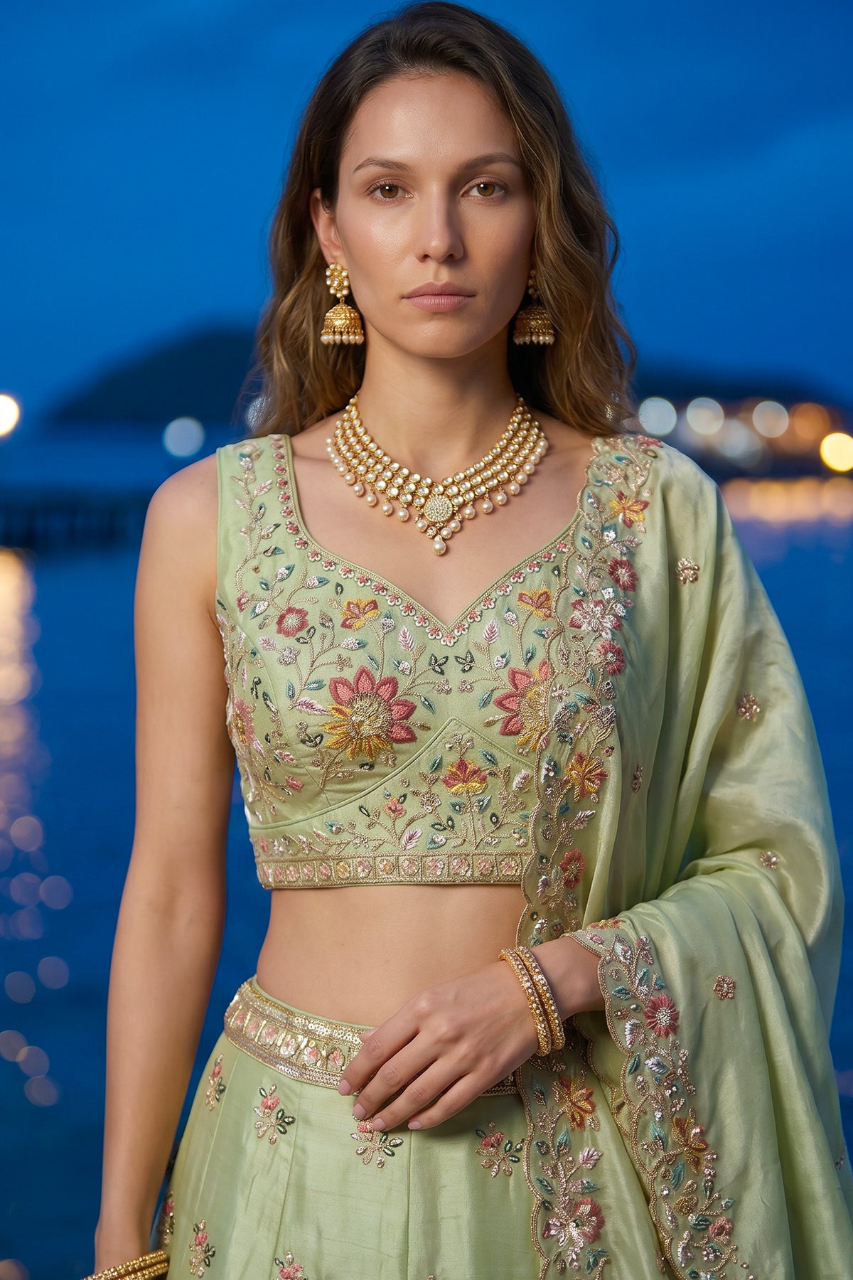 Pista Green Lehenga Choli with Peacock Floral Border