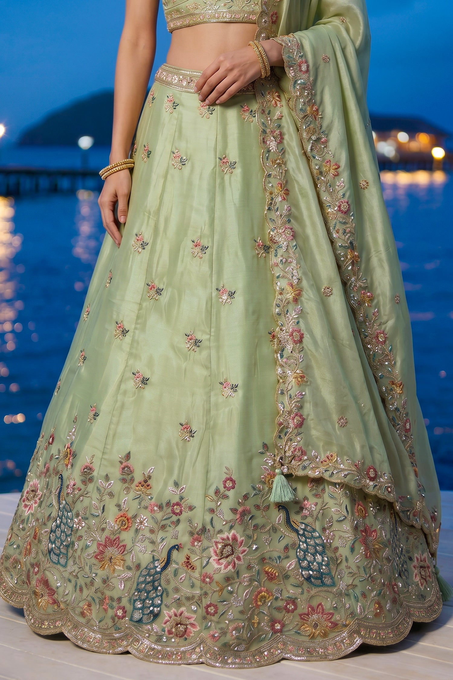 Pista Green Lehenga Choli with Peacock Floral Border