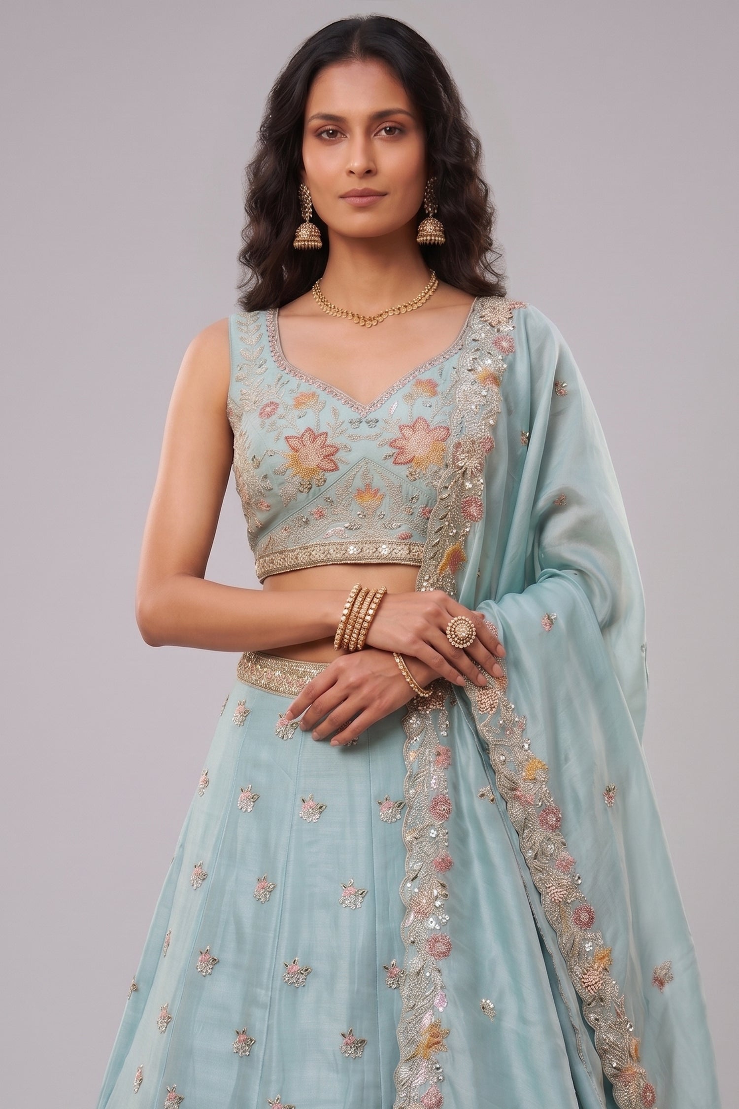 Celestial Sky Blue Lehenga Choli with Peacock Floral Border Secondary image