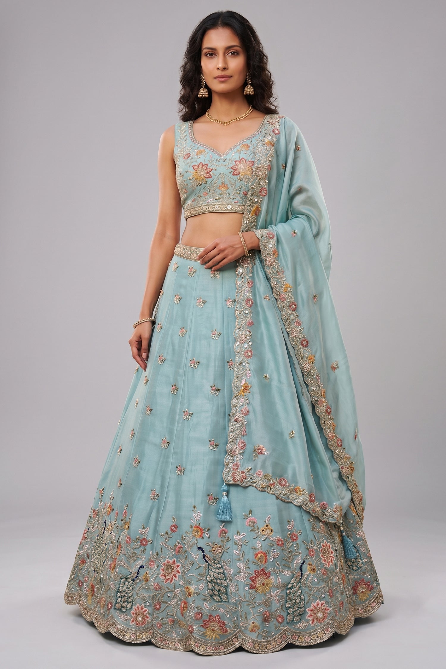 Celestial Sky Blue Lehenga Choli with Peacock Floral Border Main image