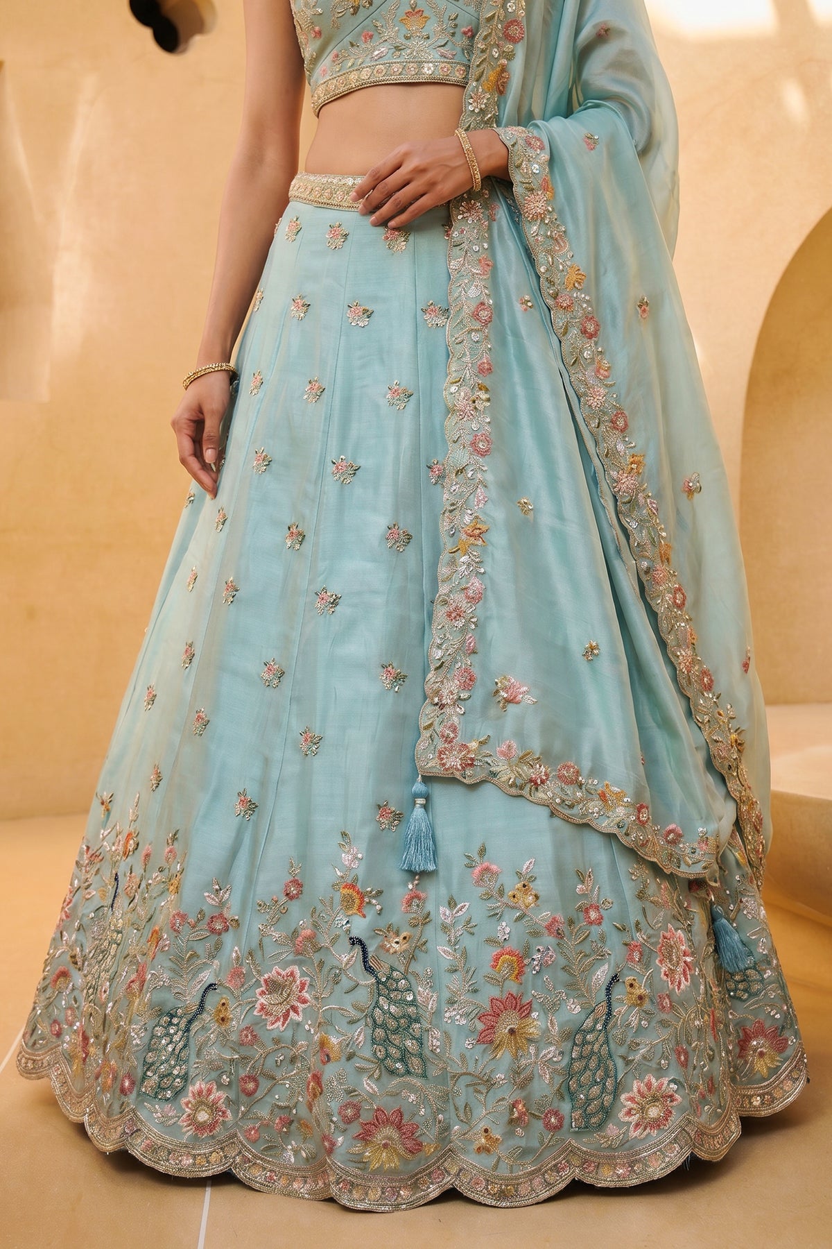 Celestial Sky Blue Lehenga Choli with Peacock Floral Border