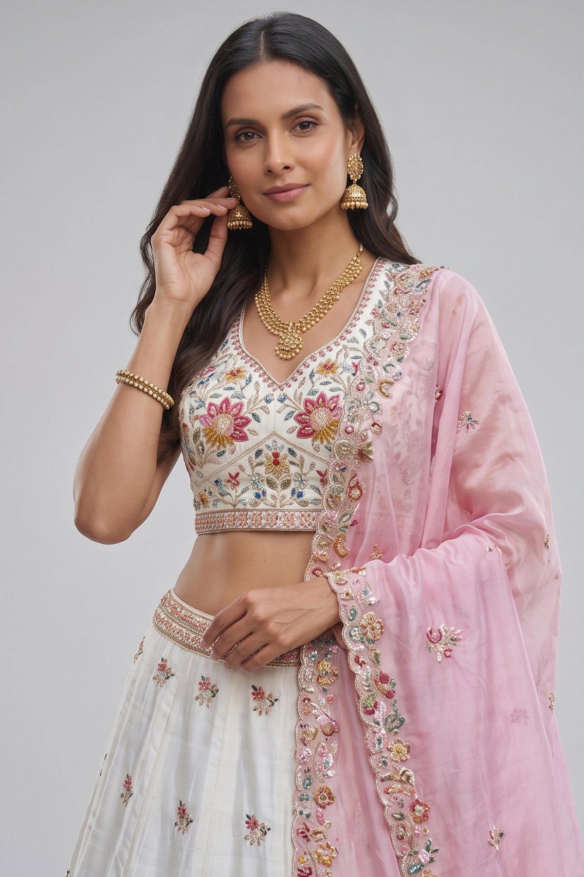 Off White Lehenga Choli with Peacock Floral Border
