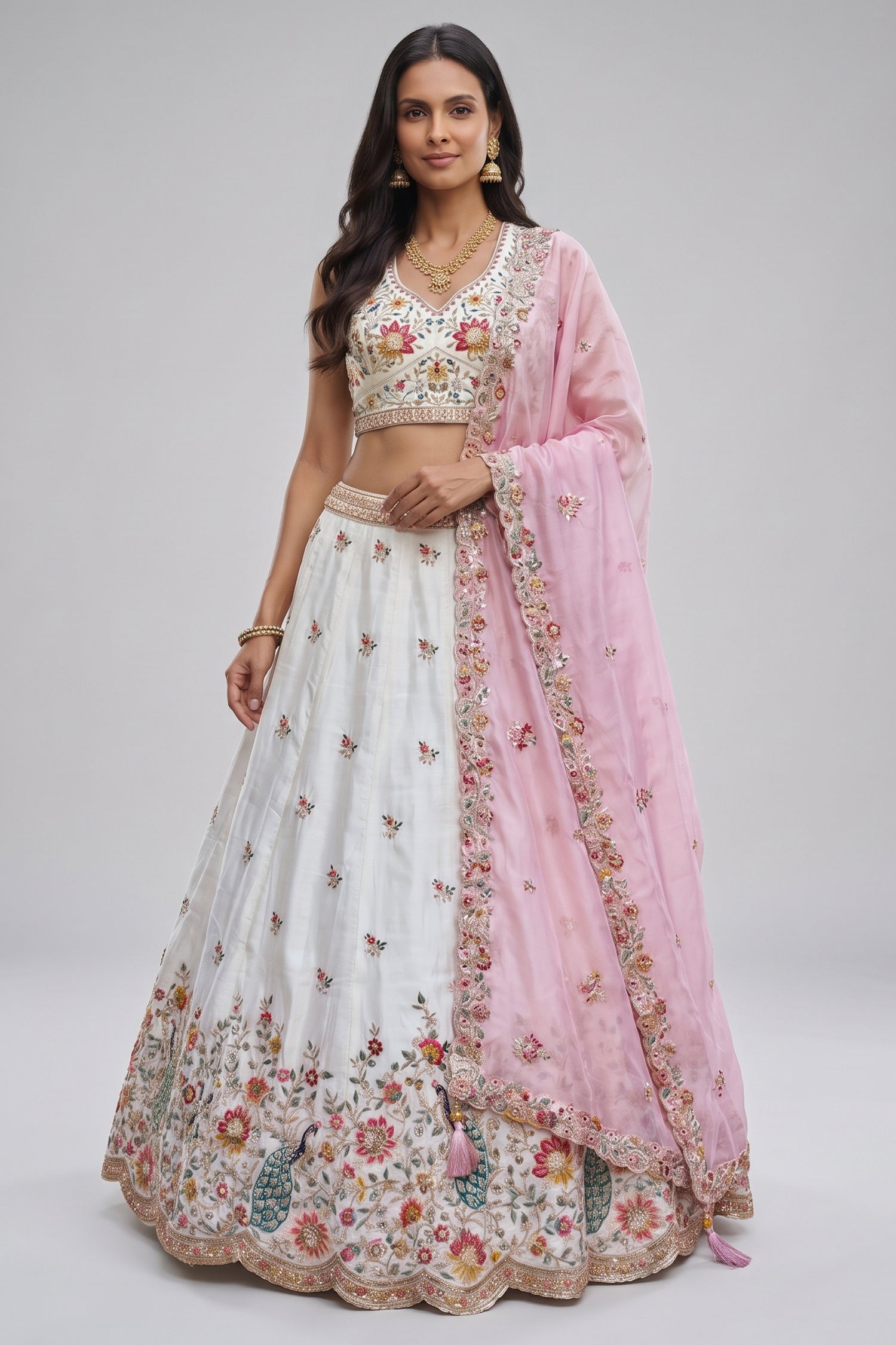 Off White Lehenga Choli with Peacock Floral Border Main image