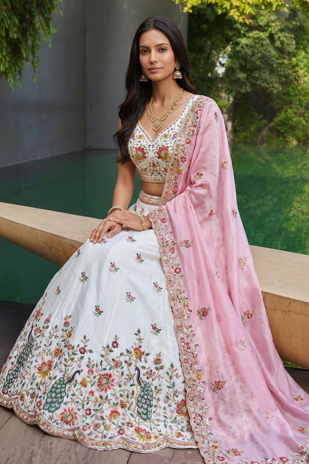 Off White Lehenga Choli with Peacock Floral Border