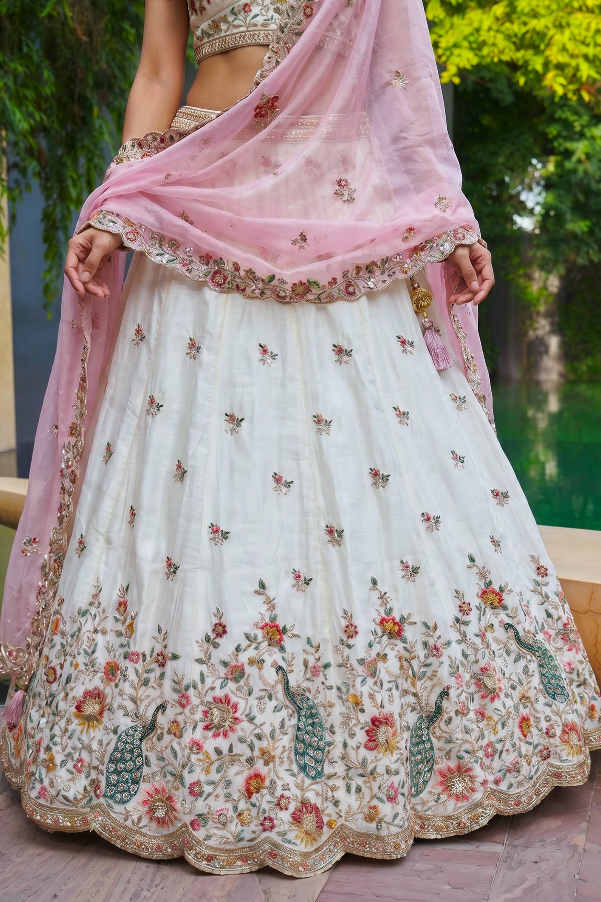 Off White Lehenga Choli with Peacock Floral Border