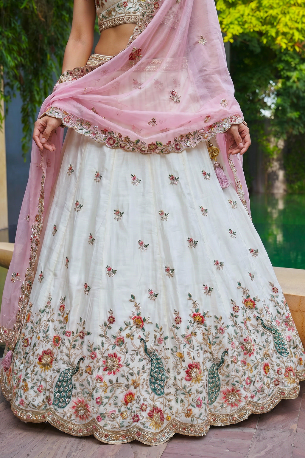 Off White Lehenga Choli with Peacock Floral Border