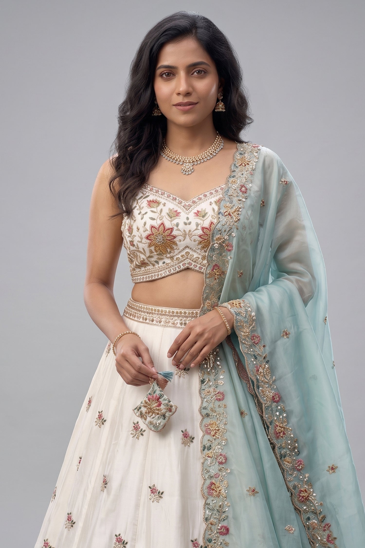 Off White Lehenga Choli with Peacock Floral Border Secondary image
