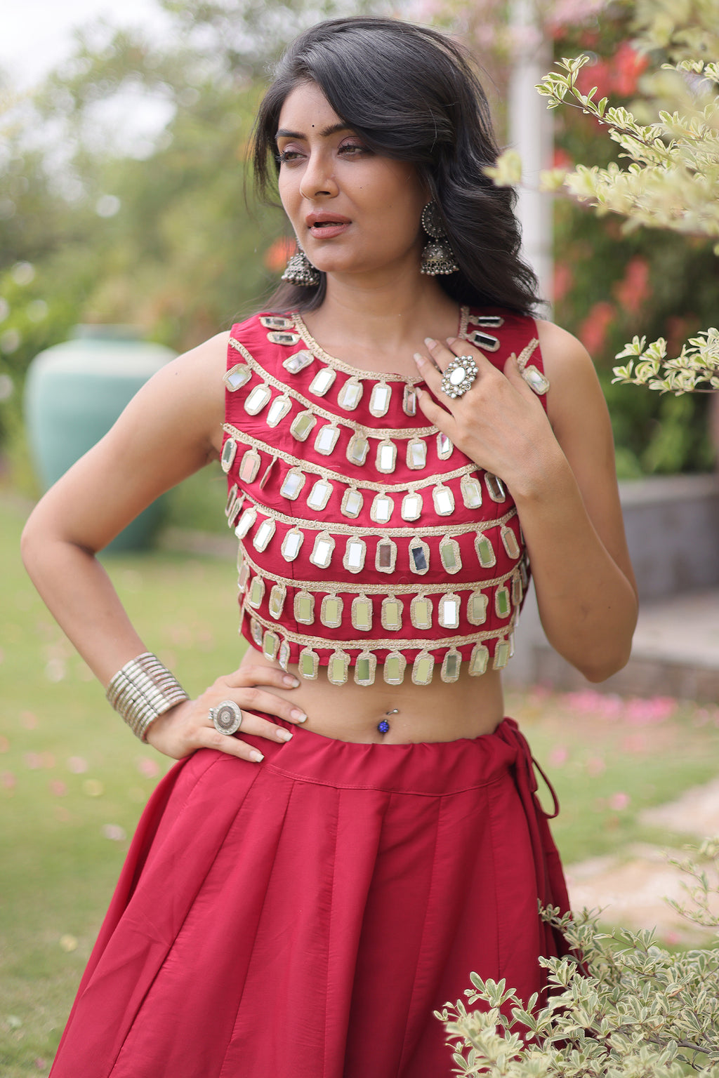 Maroon Art Silk Mirror Worked Chaniya Choli