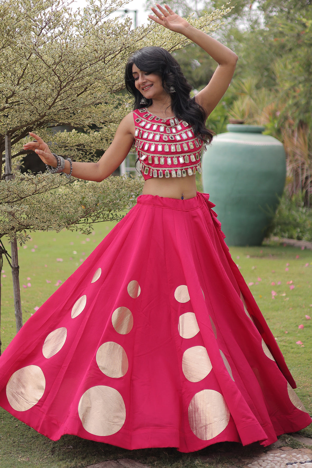 Rani Pink Art Silk Mirror Worked Chaniya Choli