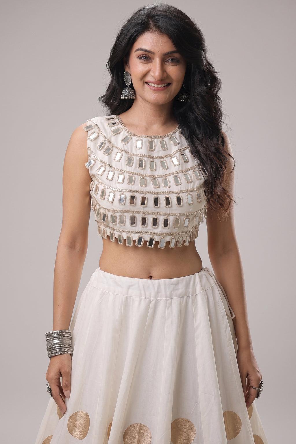 Off White Art Silk Mirror Worked Chaniya Choli
