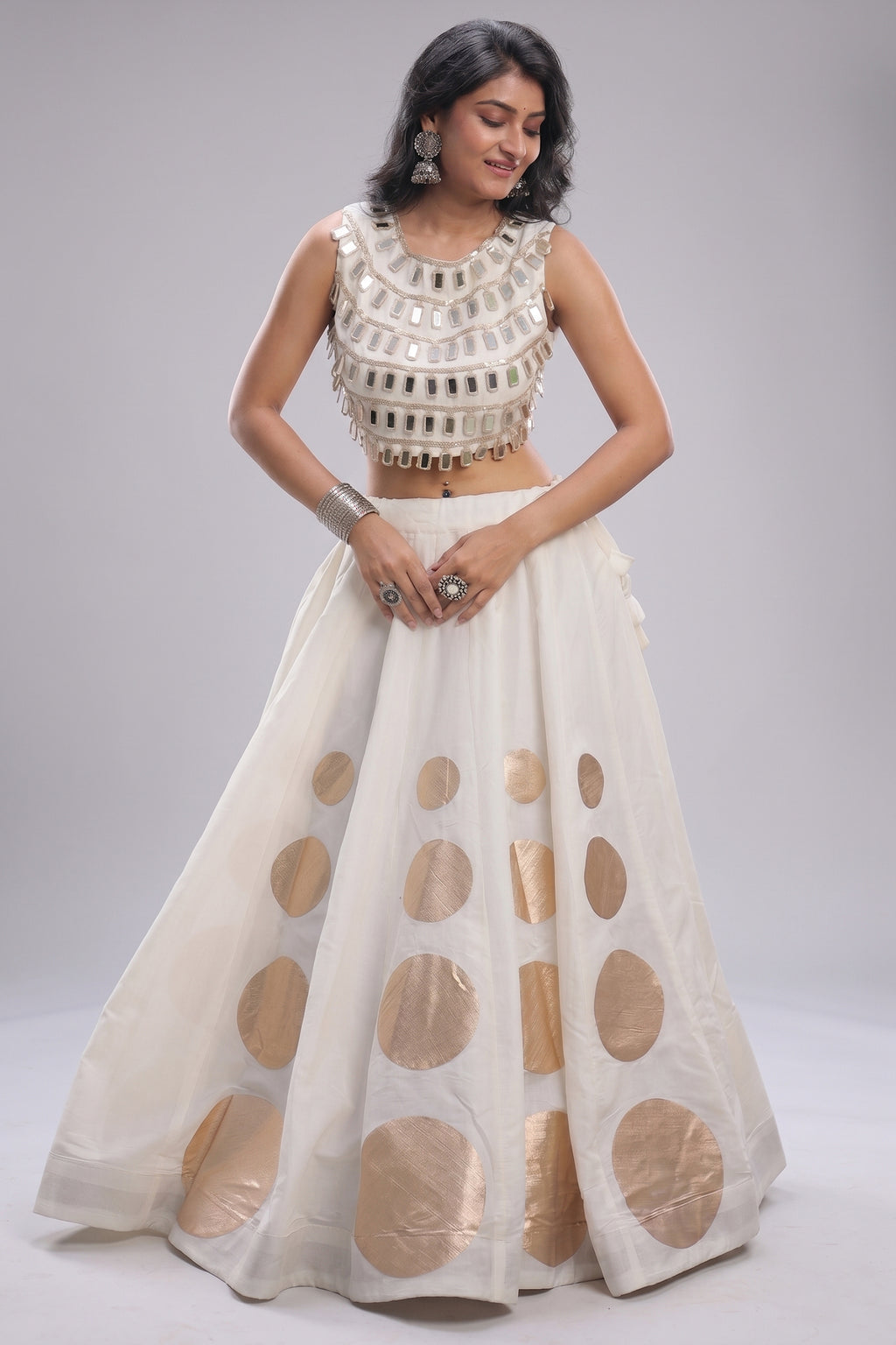 Off White Art Silk Mirror Worked Chaniya Choli
