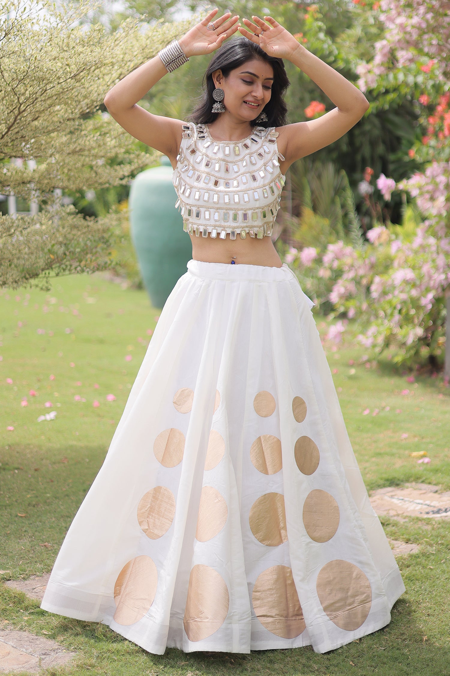 Off White Art Silk Mirror Worked Chaniya Choli