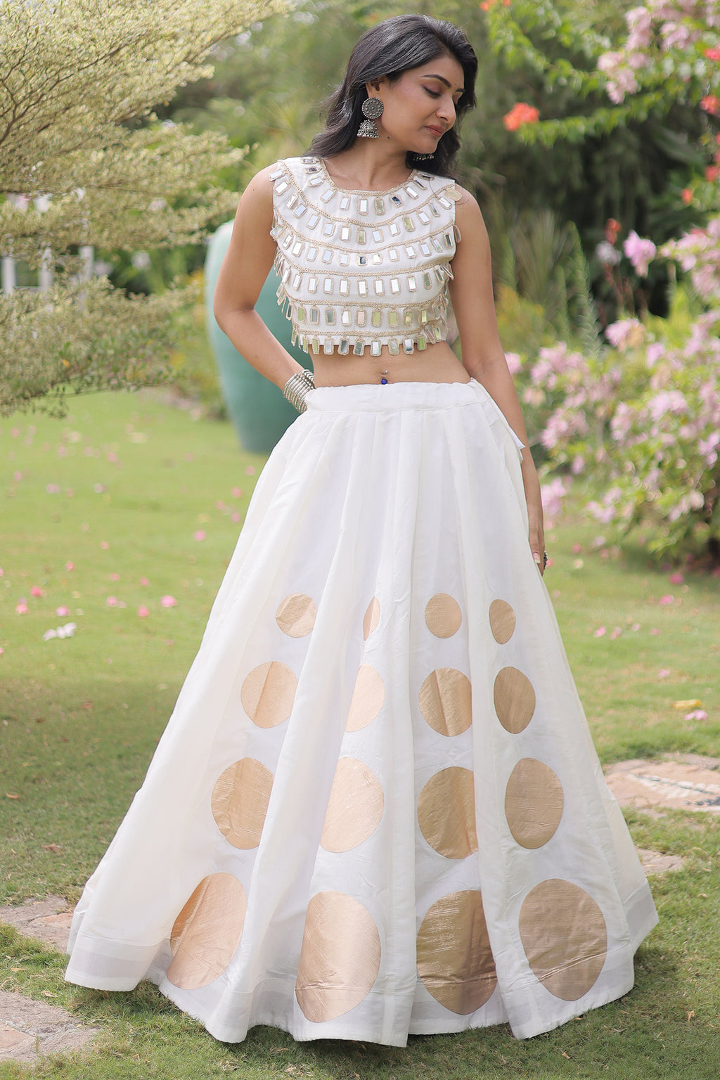 Off White Art Silk Mirror Worked Chaniya Choli