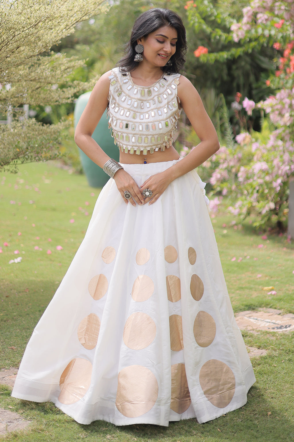 Off White Art Silk Mirror Worked Chaniya Choli