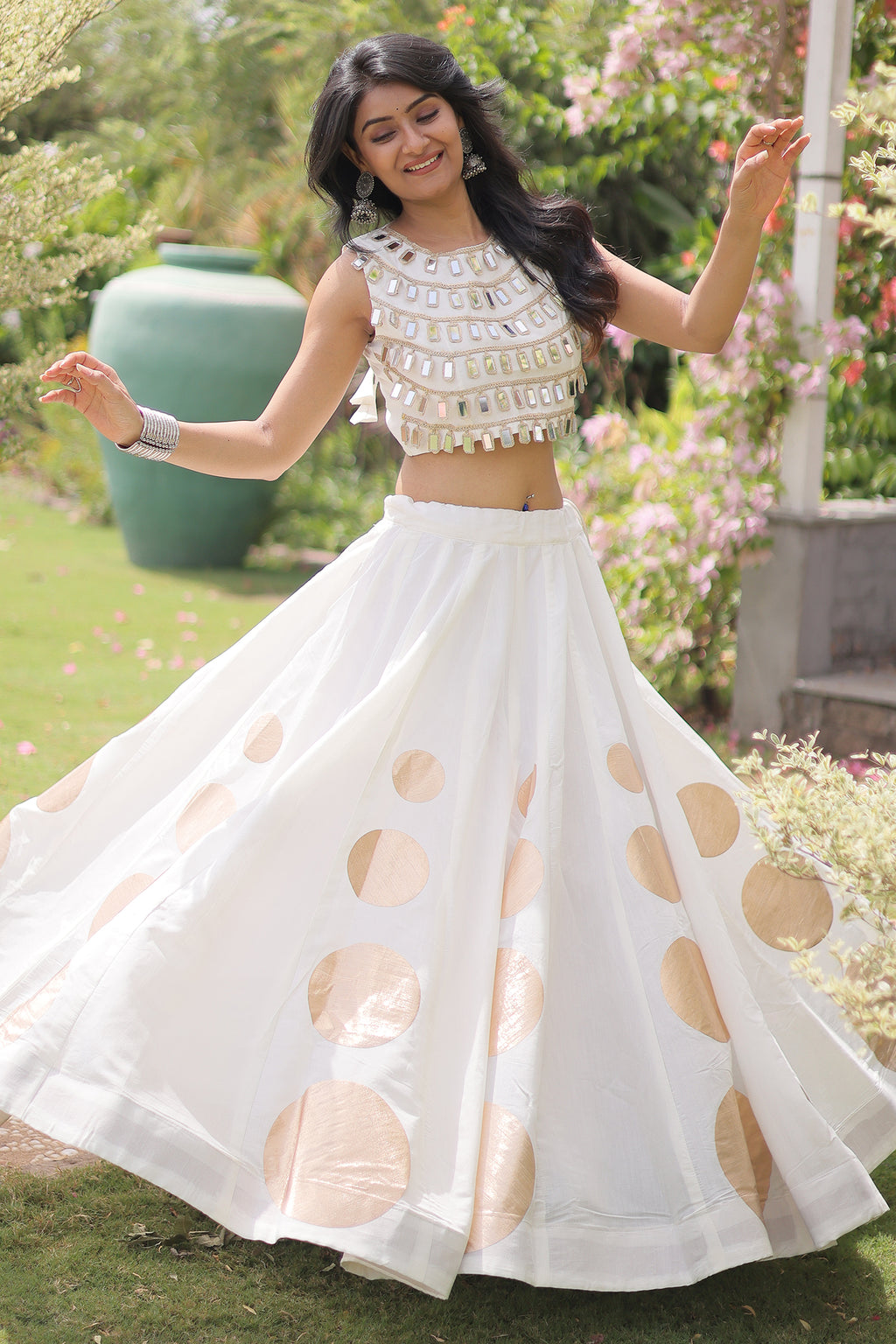 Off White Art Silk Mirror Worked Chaniya Choli