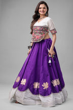 Purple and White Art Silk Mirror and Kachchi Worked Chaniya Choli