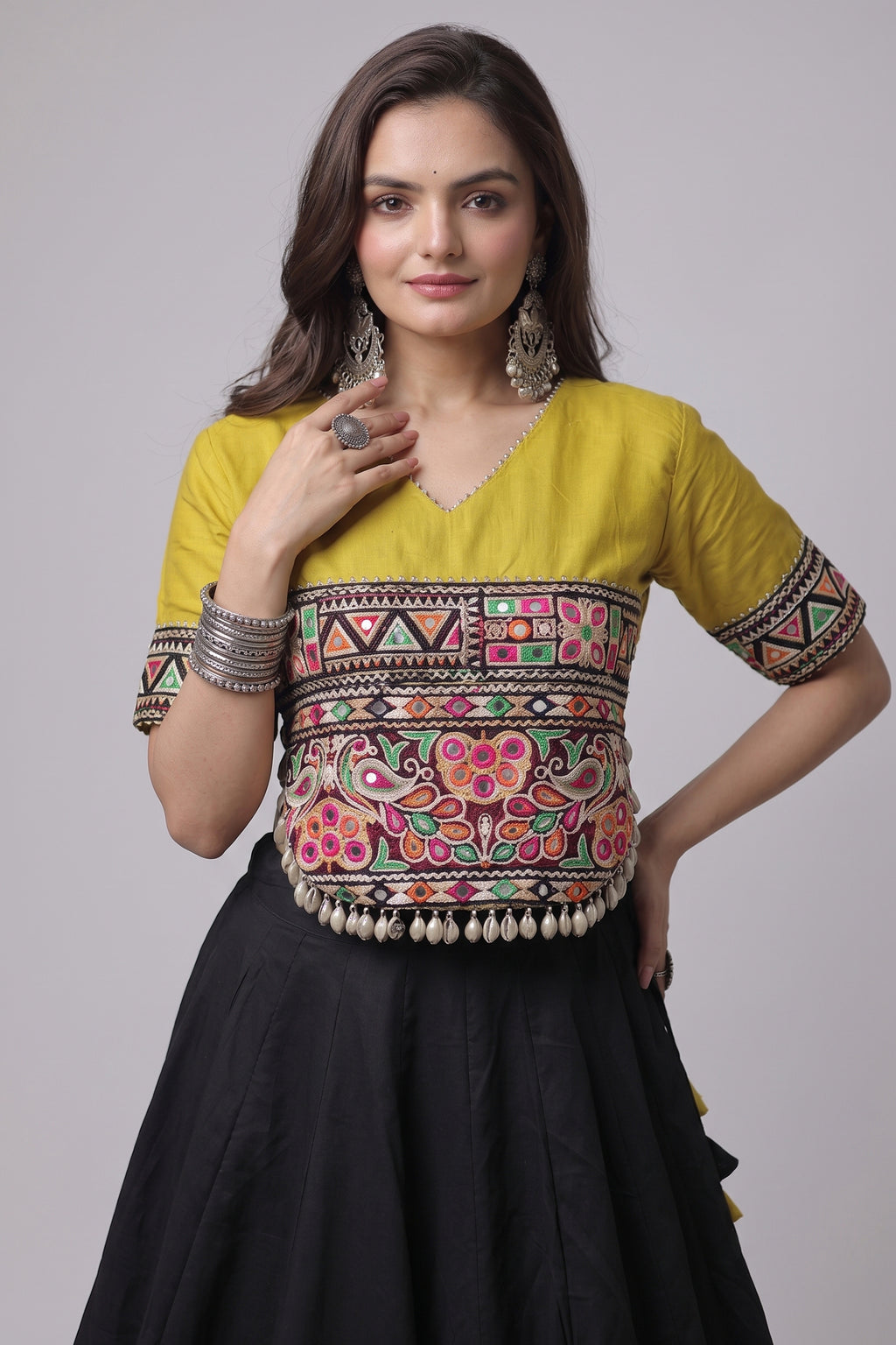 Black and Yellow Art Silk Mirror Kachchi Worked Chaniya Choli