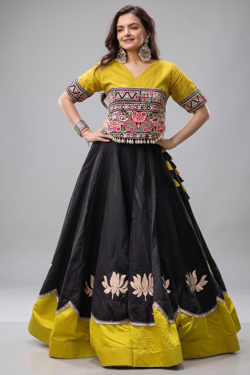 Black and Yellow Art Silk Mirror Kachchi Worked Chaniya Choli