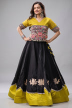Black and Yellow Art Silk Mirror Kachchi Worked Chaniya Choli