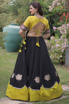 Black and Yellow Art Silk Mirror Kachchi Worked Chaniya Choli