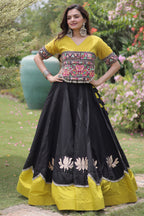 Black and Yellow Art Silk Mirror Kachchi Worked Chaniya Choli