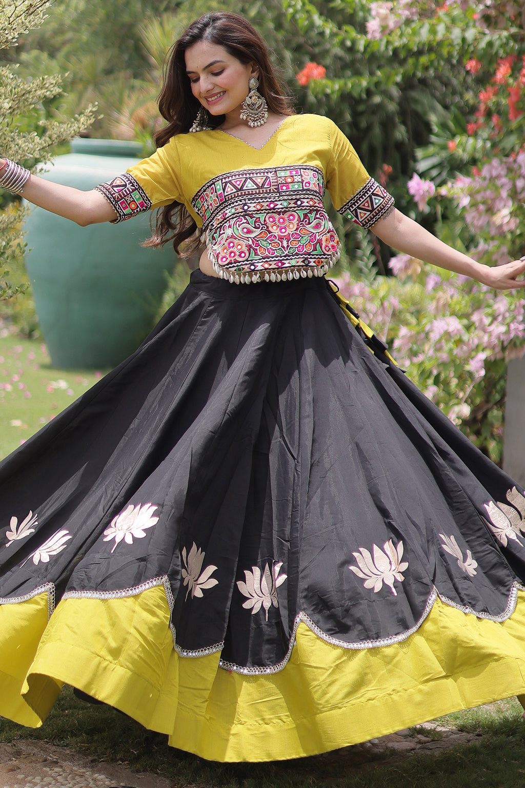 Black and Yellow Art Silk Mirror Kachchi Worked Chaniya Choli
