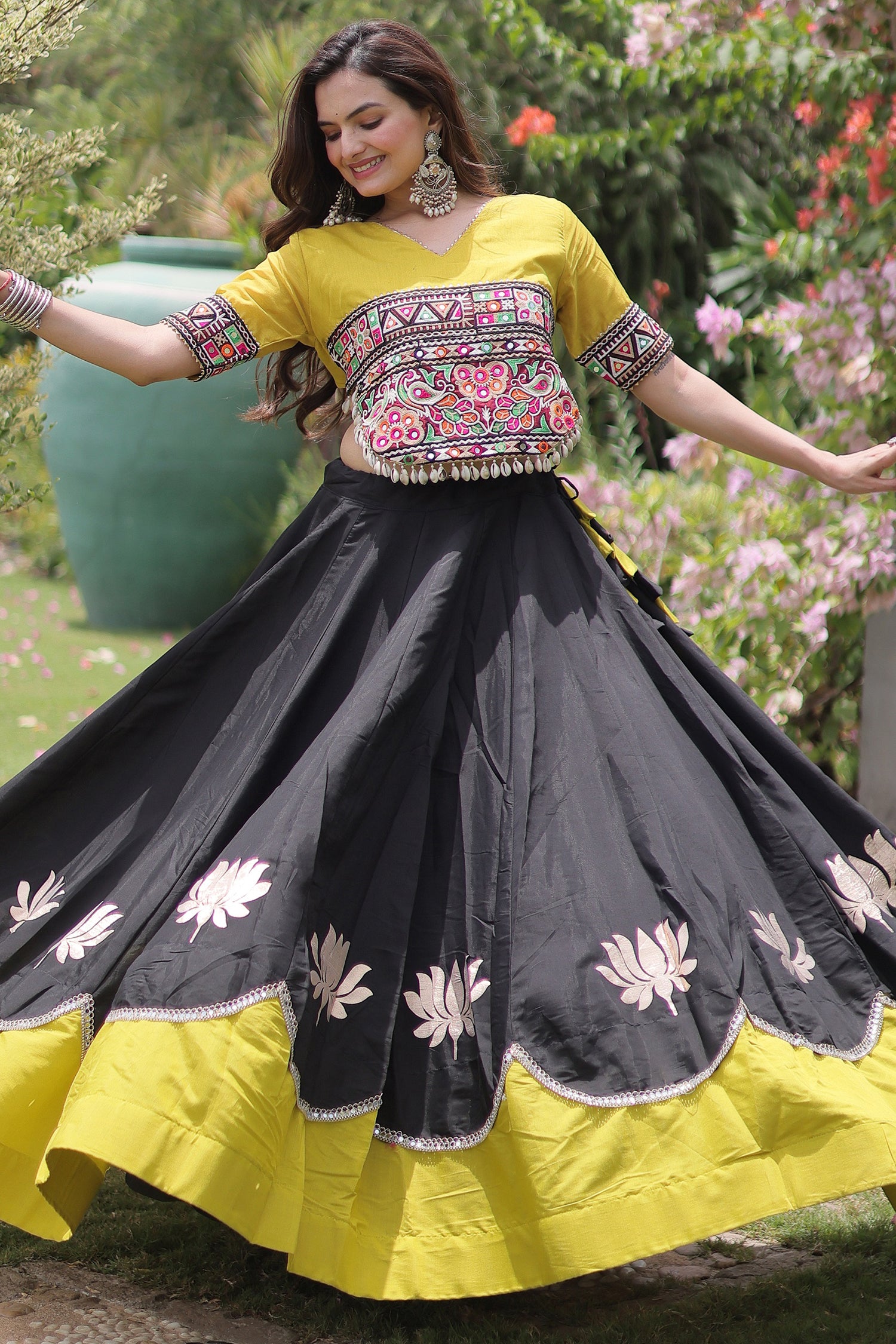 Black and Yellow Art Silk Mirror Kachchi Worked Chaniya Choli