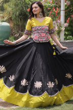 Black and Yellow Art Silk Mirror Kachchi Worked Chaniya Choli