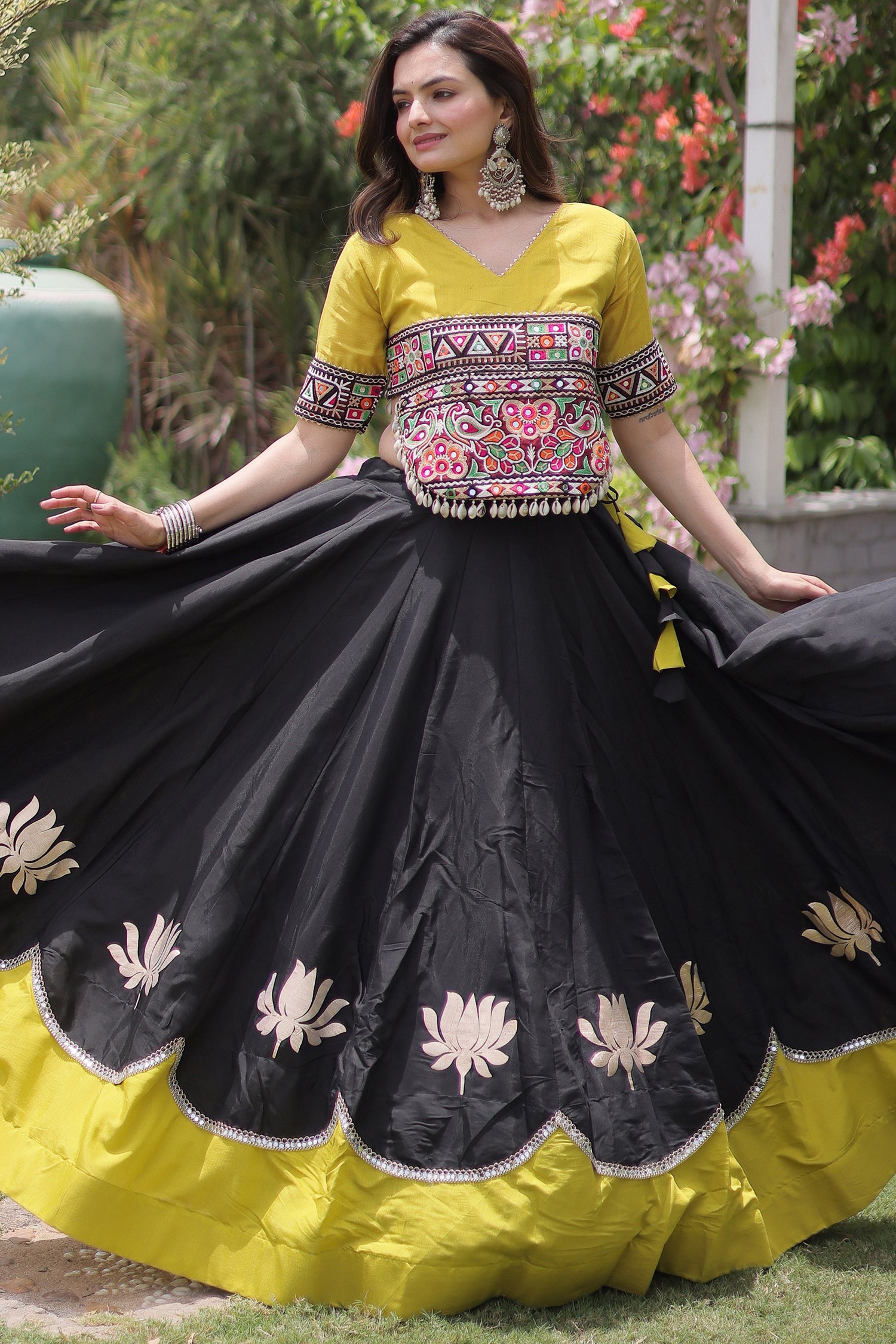 Black and Yellow Art Silk Mirror Kachchi Worked Chaniya Choli