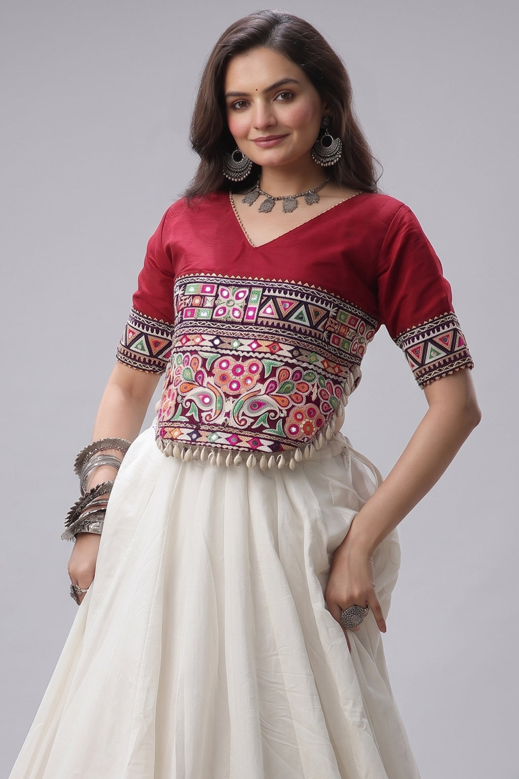 Off White and Maroon Art Silk Mirror Kachchi Worked Chaniya Choli