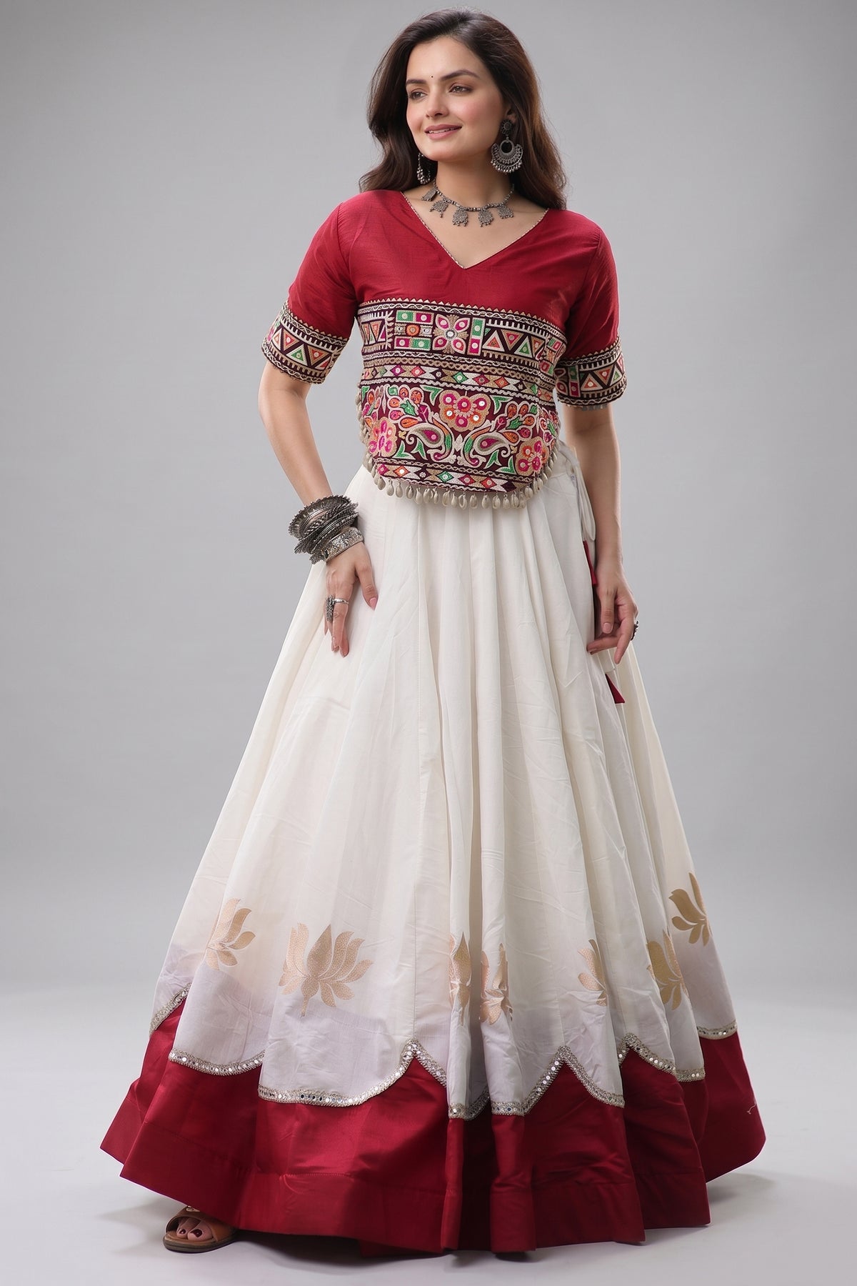 Off White and Maroon Art Silk Mirror Kachchi Worked Chaniya Choli Main image