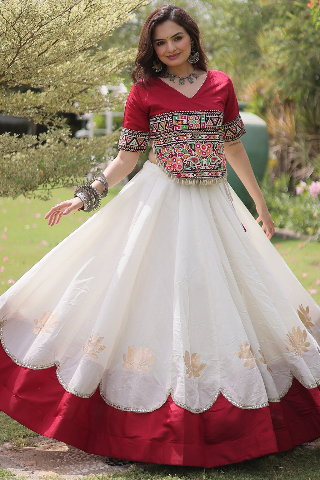 Off White and Maroon Art Silk Mirror Kachchi Worked Chaniya Choli